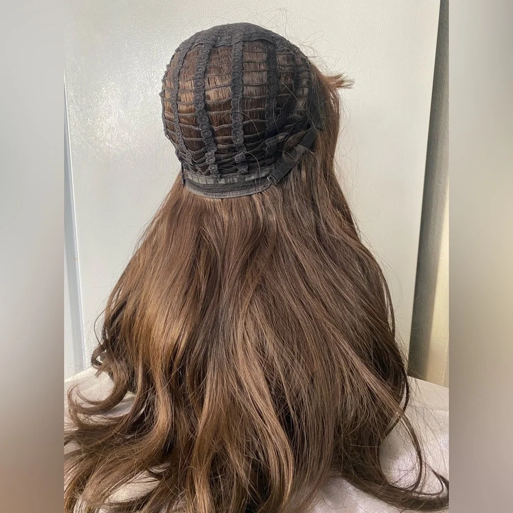 Chocolate Brown Wavy Long Wig with bangs 26”